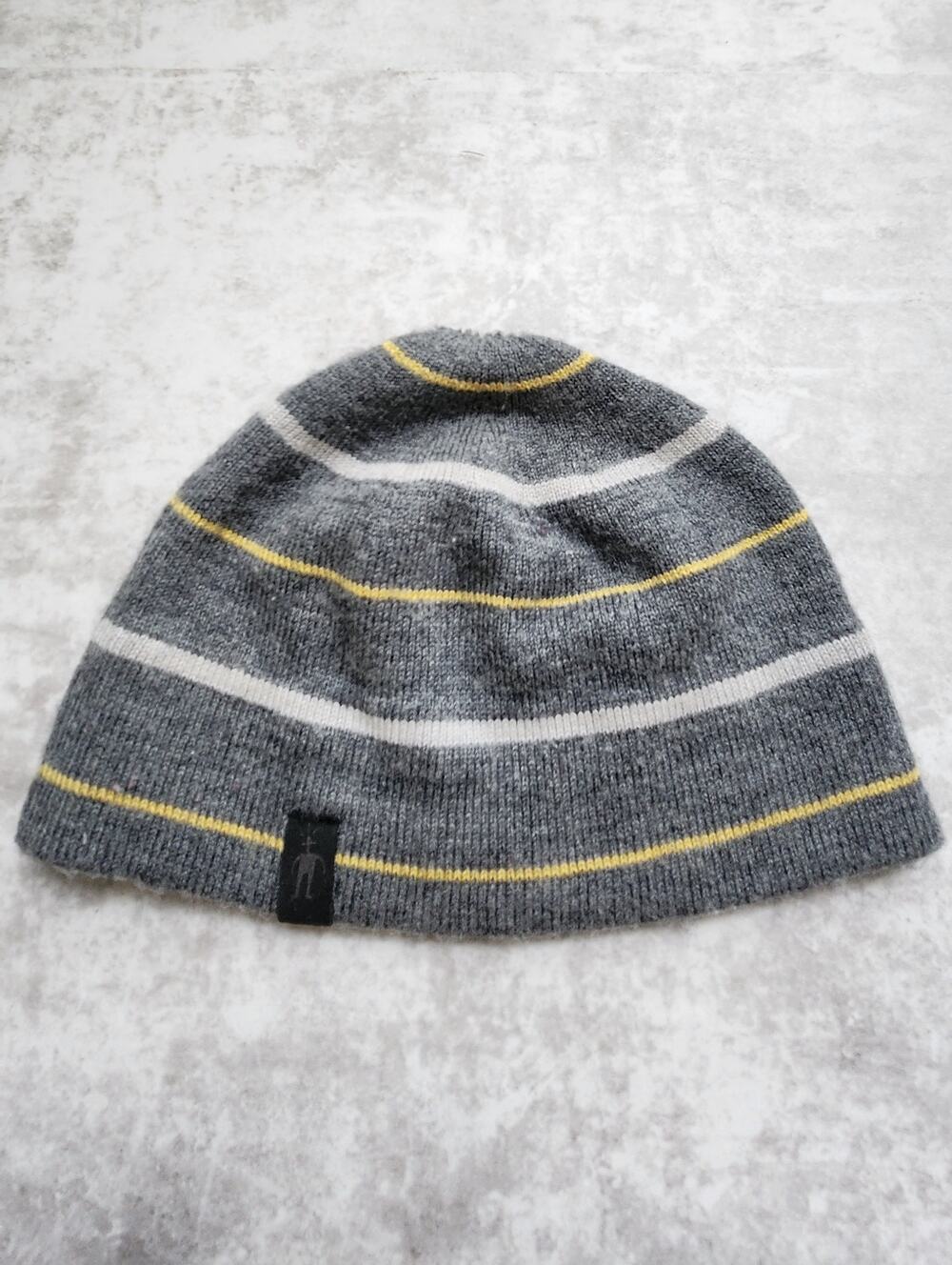 Smartwool Merino Wool Striped Beanie Hat Gray Yellow Knit Skull Cap O/S Outdoor